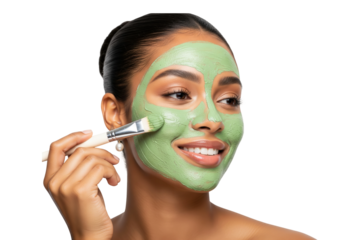 Beautiful woman applying a green clay face mask with a brush