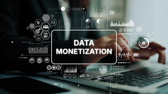 Data Monetization Concept with Digital Graphics and Businesswoman Using Laptop in Modern Office Setting. Asymptotic smart data analytic.