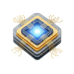 Microchip with glowing blue core symbolizing innovation in technology.