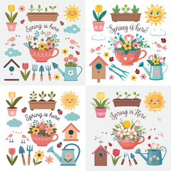 Obraz premium Funny Cartoon Animal Pattern with Flowers Hearts Birds and Butterflies for Kids Design