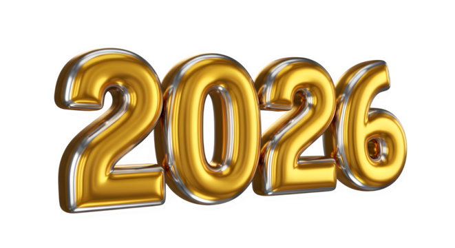 Golden 2026 numbers isolated on transparent background