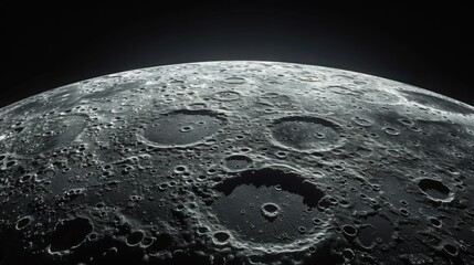 Close up view of the lunar surface with craters against a dark sky above it