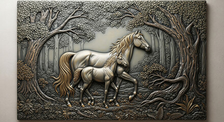 3D Relief Wallpaper with Two Horses in Forest – Intricate and Elegant Design, 3D Relief Mural, 3D Floral Wallpaper, 3D Wall Mural, 3D Floral Background, 3D Wall Mural, 3D Floral Art.