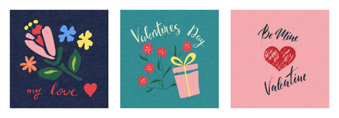 A creative concept for a set of Valentine's Day cards. Modern abstract design with hearts, geometric and flowing shapes. Templates for celebrations, advertising, branding, banners, covers, labels