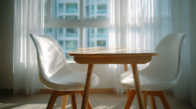 A minimalist office meeting room features a small wooden table with two white chairs, perfect for a casual business meeting or team brainstorming session for a young startup