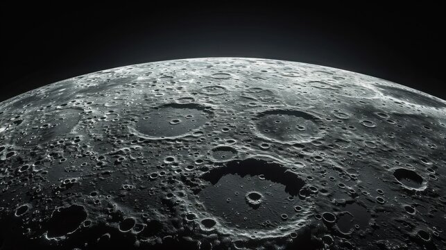 Close up view of the lunar surface with craters against a dark sky above it