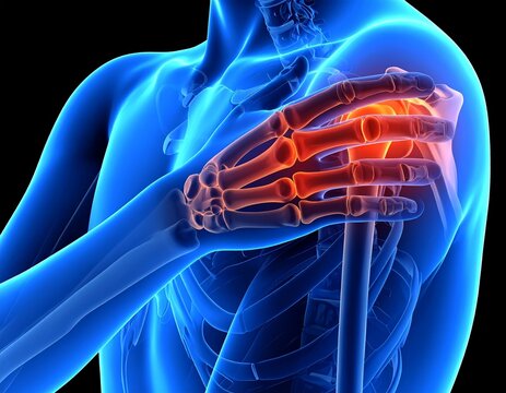 3D medical illustration of the human shoulder joint, highlighting the area with an intense red/orange glow to represent pain, injury, or inflammation Human Shoulder Joint Pain and Injury - Medical Con