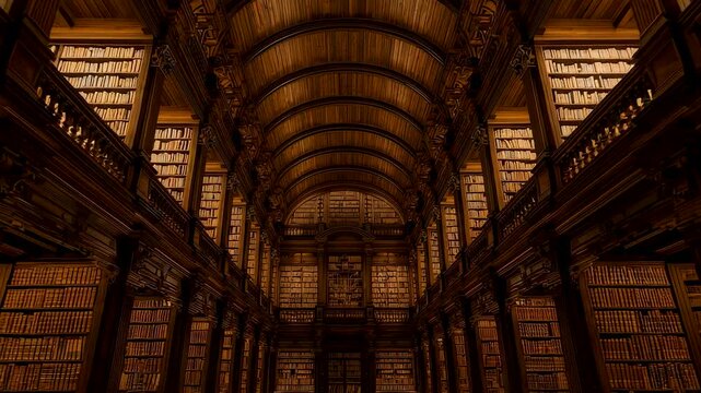 Majestic old library interior with arched wooden ceiling and endless rows of ancient books creating atmosphere of knowledge and history