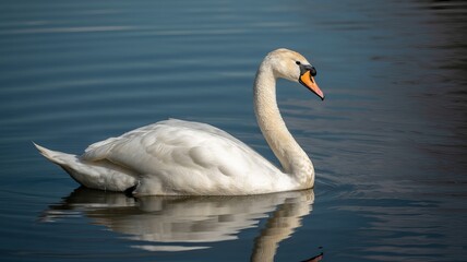 Naklejka premium Elegant white swan swimming gracefully on calm blue water a serene wildlife scene perfect for nature and animal themes