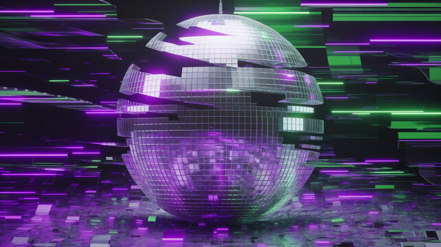 Shimmering disco ball surrounded by vibrant digital lights in a modern art installation at night