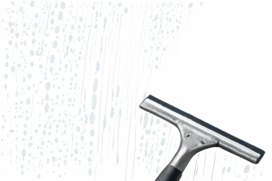 Squeegee cleaning glass surface distributing soapy water for hygiene, removing dirt and streaks, transparent background