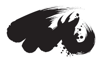 Abstract black ink brushstroke with dynamic curves and scattered splatters on a white background.