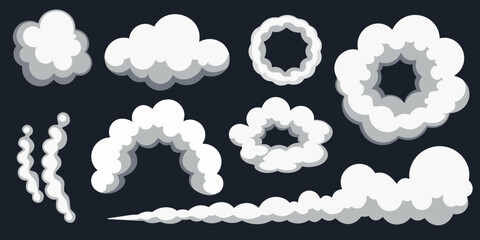 Collection of stylized cartoon smoke and cloud effects for animation and design