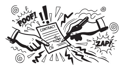 Two hands signing a contract on paper with animated text and dynamic lines, symbolizing excitement and movement in a comic-style design.