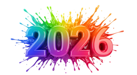 Colorful paint splash number 2026 isolated on transparent background