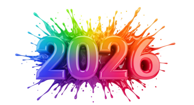 Colorful paint splash number 2026 isolated on transparent background