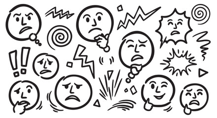 Black outline vector icons of various expressive face doodles, featuring emotions like confusion, surprise, worry, and thoughtfulness.