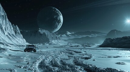 A rover explores a cratered landscape with a large planet in the distant sky above