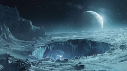 Icy landscape with a celestial body and cave entrance under a starry sky view