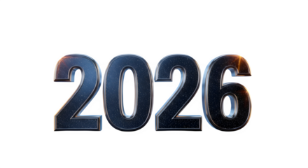 Metallic 3d numbers 2026 with reflective texture isolated on transparent background