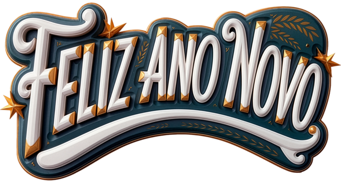 Feliz Ano Novo: Lettering Festivo e Elegante em 3D - Lettering decorativo em 3D da frase "Feliz Ano Novo", com estilo festivo e elegante. Apresenta cores douradas, azul escuro e branco, com detalhes d