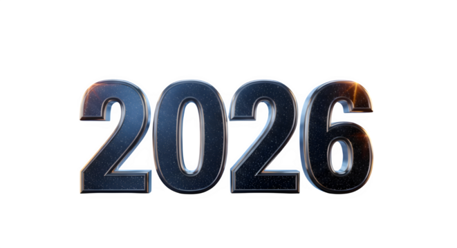 Metallic 3d numbers 2026 with reflective texture isolated on transparent background