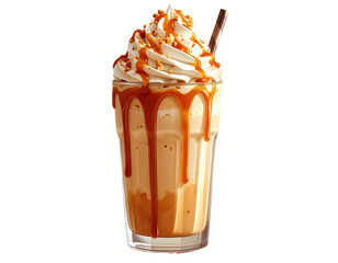 Firefly_Tall Peanut Caramel Ice Cream Shake in Glass with Whipped Cream Topping, isolated on