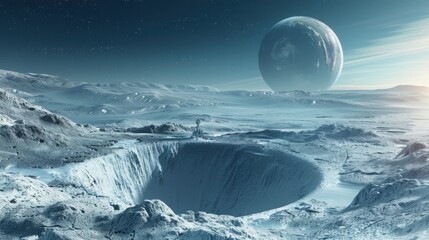 A cratered landscape with a distant planet and a small structure nearby crater