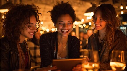 Friends using a tablet together in a cozy café, surrounded by warm ambient light, sharing smiles and conversation, capturing a joyful social moment and relaxed modern lifestyle atmosphere.
