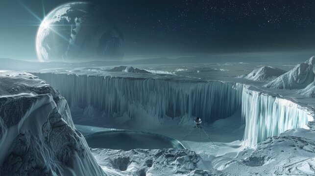 A frozen landscape with a large planet visible in the sky above icy cliffs