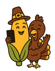 Cute vector illustration of corn in a festive hat taking a selfie with a turkey, Thanksgiving celebration design