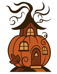 Whimsical pumpkin house, cute Thanksgiving and autumn vector illustration