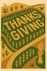 Aerial view of cornfield forming the word “THANKSGIVING”, vector illustration of autumn harvest
