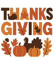 Thanksgiving lettering with pumpkins, turkey, and autumn leaves — festive fall vector illustration