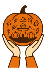 Hands holding a pumpkin with a miniature Thanksgiving celebration inside, cozy autumn vector illustration