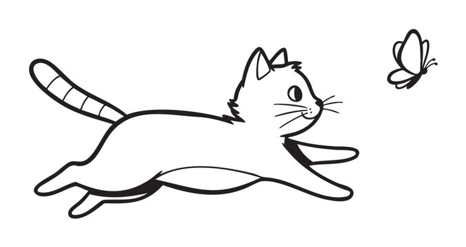 Black outline of a playful cat leaping towards a butterfly with enthusiasm and curiosity.
