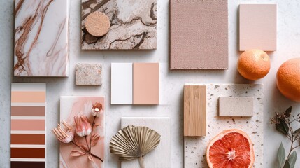 Overhead flat lay of interior design mood board featuring terrazzo, marble, cork, and fabric swatches in warm, neutral tones beige, terracotta, pink. Includes peach slices and botanicals