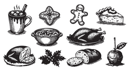Vintage-style black and white illustration of various holiday foods including hot cocoa, cookies, pie, roast turkey, and a candied apple, symbolizing festive traditions.