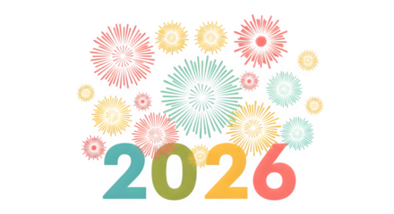 Colorful fireworks display celebrating the year 2026 isolated on transparent background