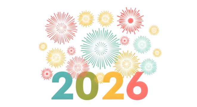 Colorful fireworks display celebrating the year 2026 isolated on transparent background