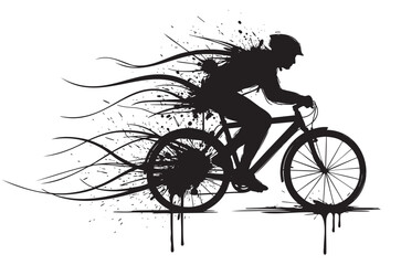 Obraz premium Silhouette of a male cyclist in motion with artistic splatters and dynamic lines trailing behind, evoking speed and energy.