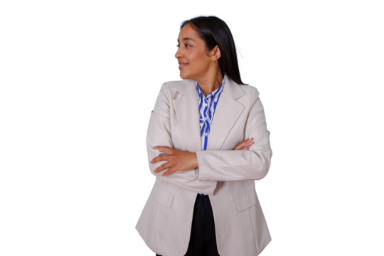 Confident businesswoman smiling, standing with crossed arms, looking sideways, on transparent background