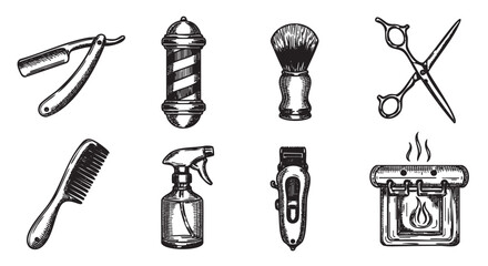 Vintage-style black and white illustrations of barbershop tools including a straight razor, barber pole, shaving brush, scissors, comb, spray bottle, hair clipper, and hot towel warmer.