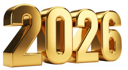 Golden 3d numbers 2026 isolated on transparent background