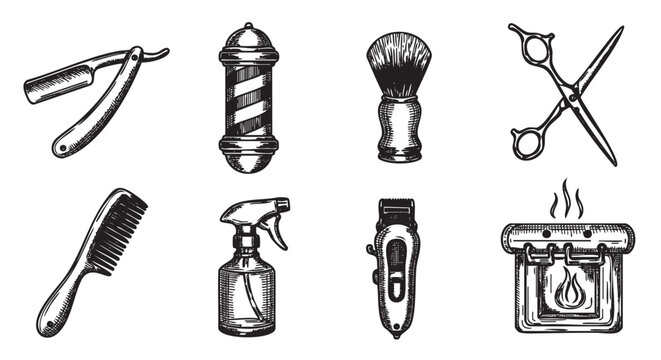 Vintage-style black and white illustrations of barbershop tools including a straight razor, barber pole, shaving brush, scissors, comb, spray bottle, hair clipper, and hot towel warmer.