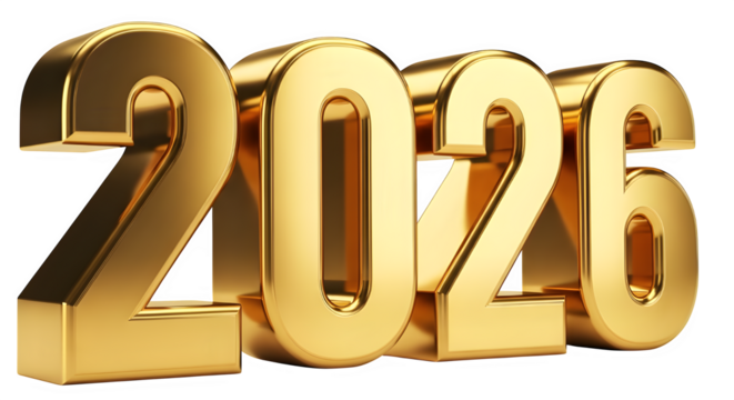 Golden 3d numbers 2026 isolated on transparent background