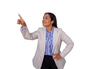 Professional businesswoman pointing and touching virtual screen, interacting with futuristic interface, transparent background