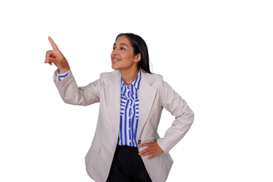 Professional businesswoman pointing and touching virtual screen, interacting with futuristic interface, transparent background