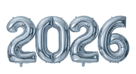 Silver foil balloons spelling out the year 2026 isolated on transparent background