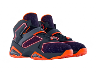 High top athletic sneaker with futuristic design black and orange color mesh upper glowing accents modern style comfortable sporty energetic urban fashion unisex footwear